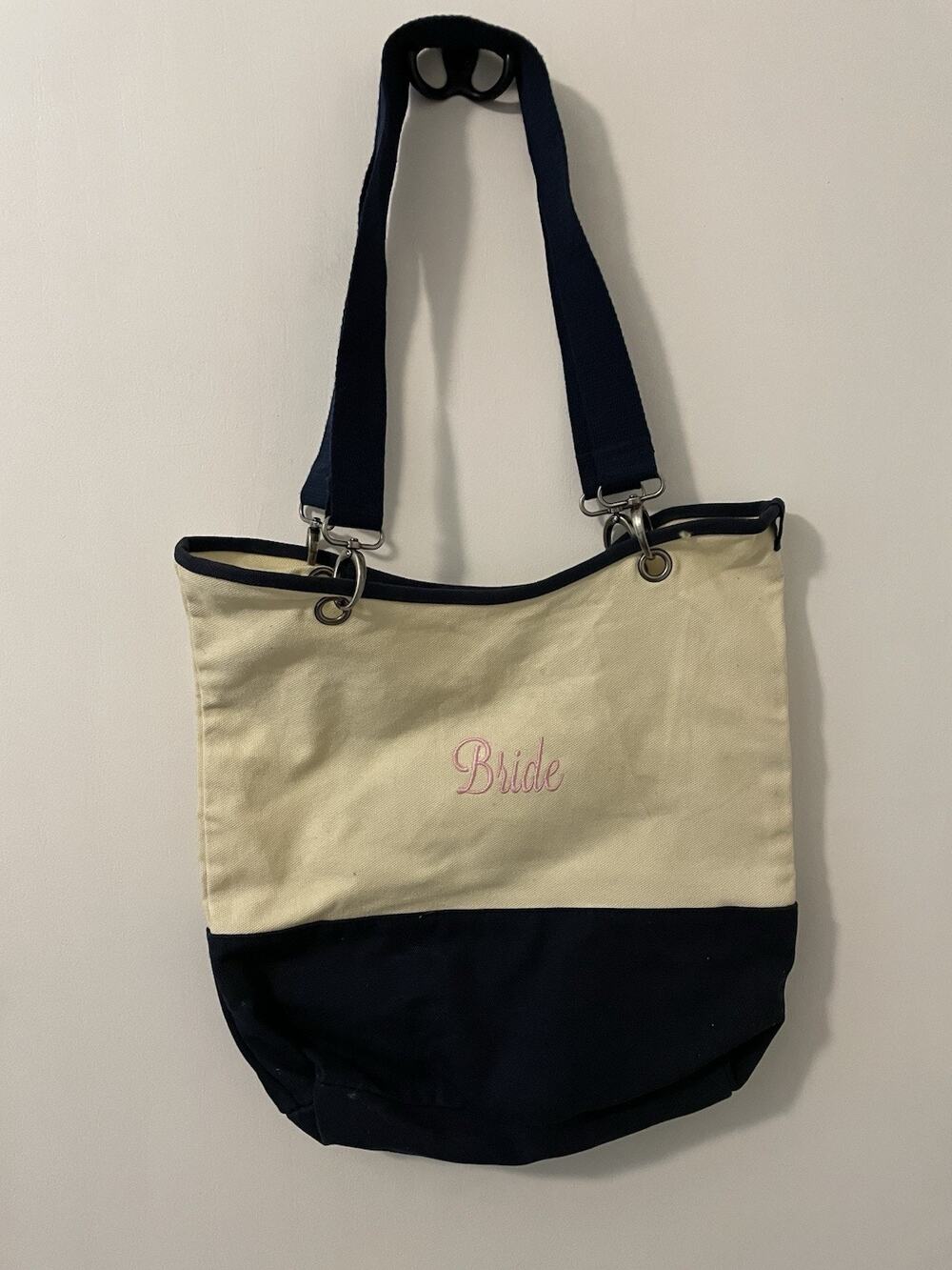 Thirty One Gifts Canvas Crew Tote Bag Double Handle Navy Embroidered BRIDE Pink